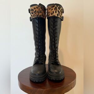 Knee High Steve Madden Black Leather Boots With Hand Sewn Leopard Print Strap